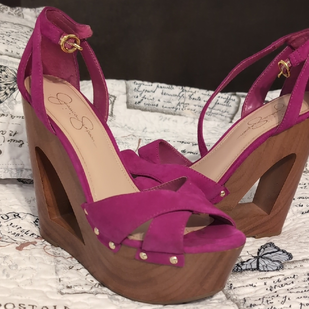 Pink and Brown Wedges with Crisscross Straps and Cutout Heel